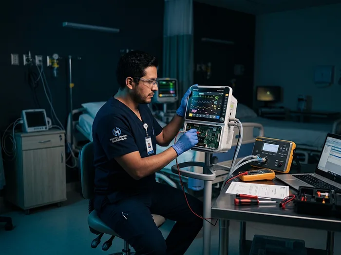 Técnico realizando mantenimiento a monitor de signos vitales